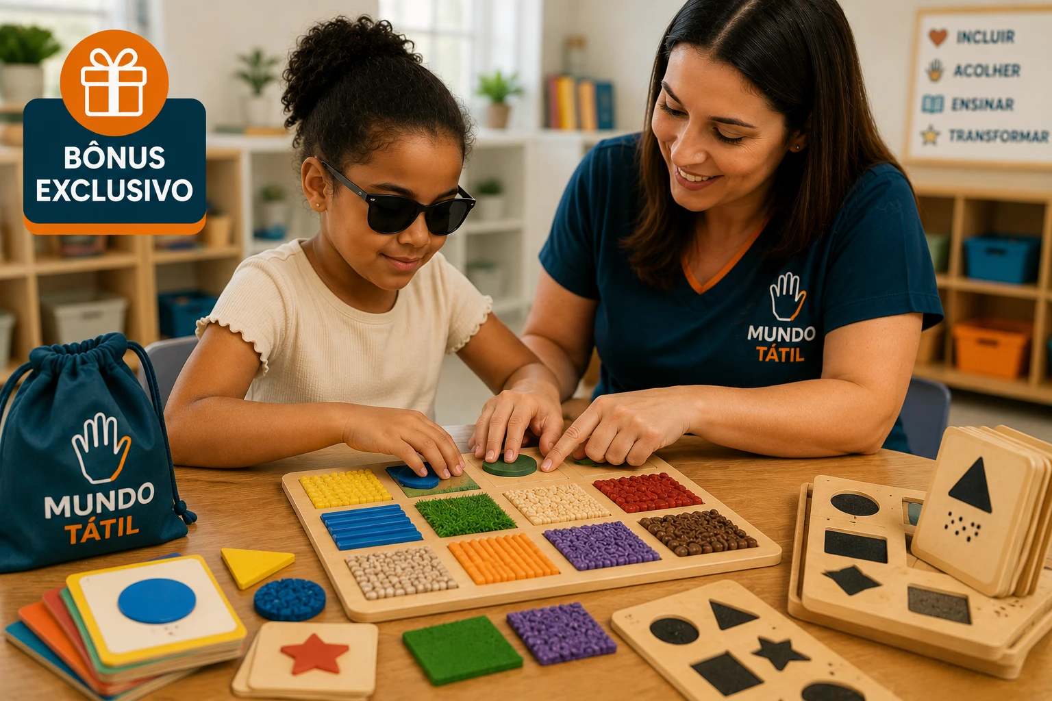 Tablet com app educativo de Mundo Tátil escolar